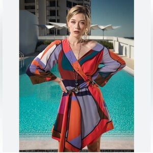 Tanya Taylor Bold Geo Wrap Mini Dress — Red, Orange, Purple Size 12